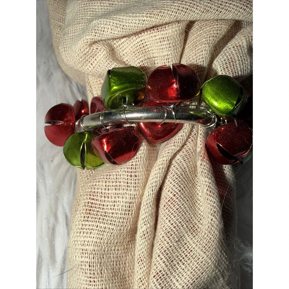 Christmas Napkin Set of 4 Red Cream Rhinestone Beaded Trim Jingle Bell Rings